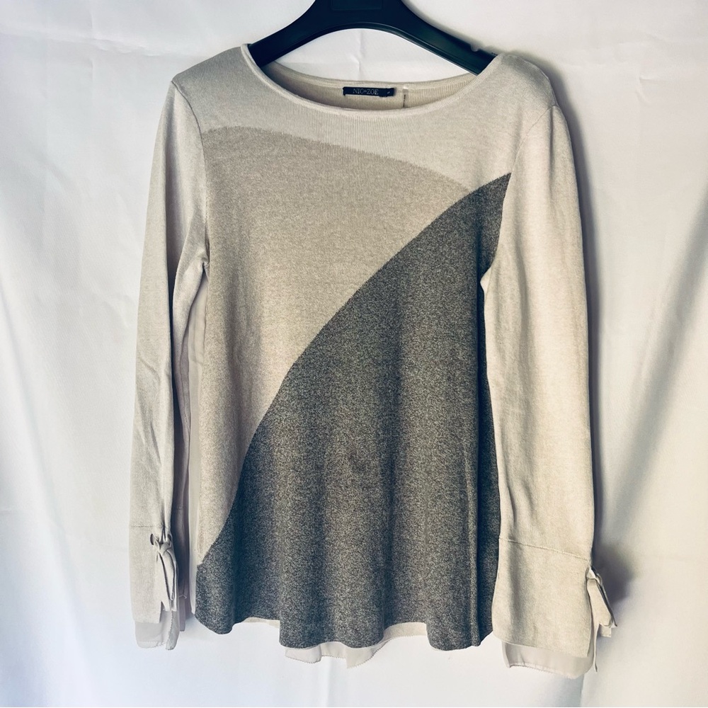 NIC+ZOE Gray and Cream Long Sleeve Top